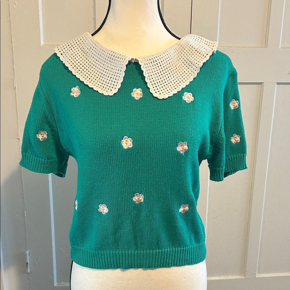 Bohme Knit Top with Floral Details and Crochet Collar